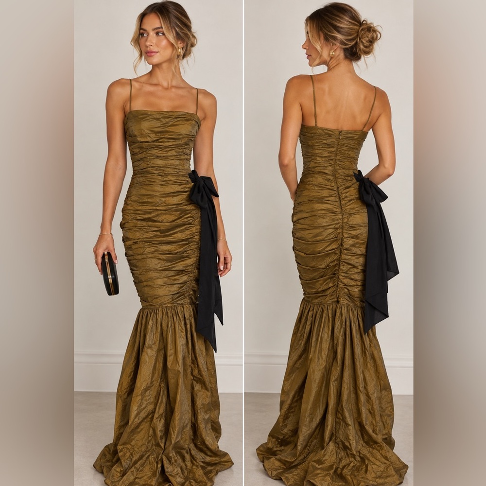BCBGMAXAZRIA Ruched Bronze Maxi Gown Black Bow XS